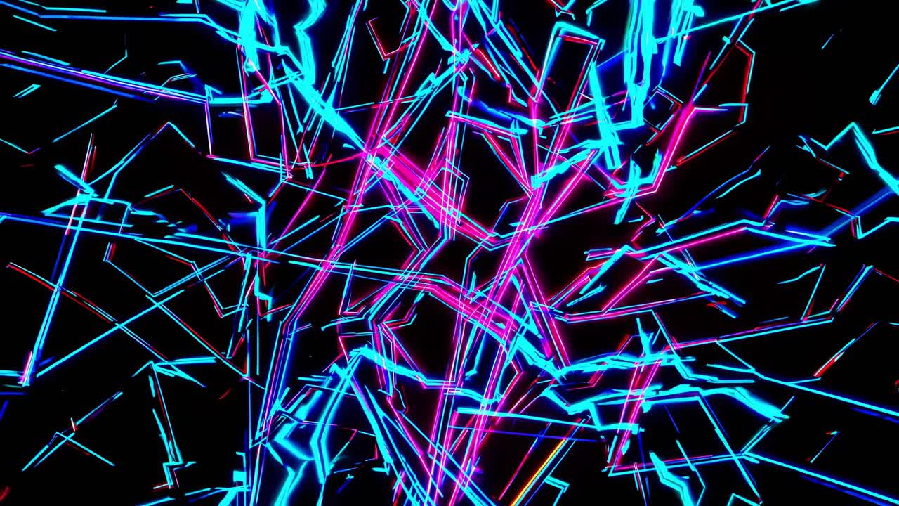 Intersecting neon lights in vibrant pink and blue hues form a complex network of geometric shapes against a dark backdrop, creating a dynamic and energetic visual experience