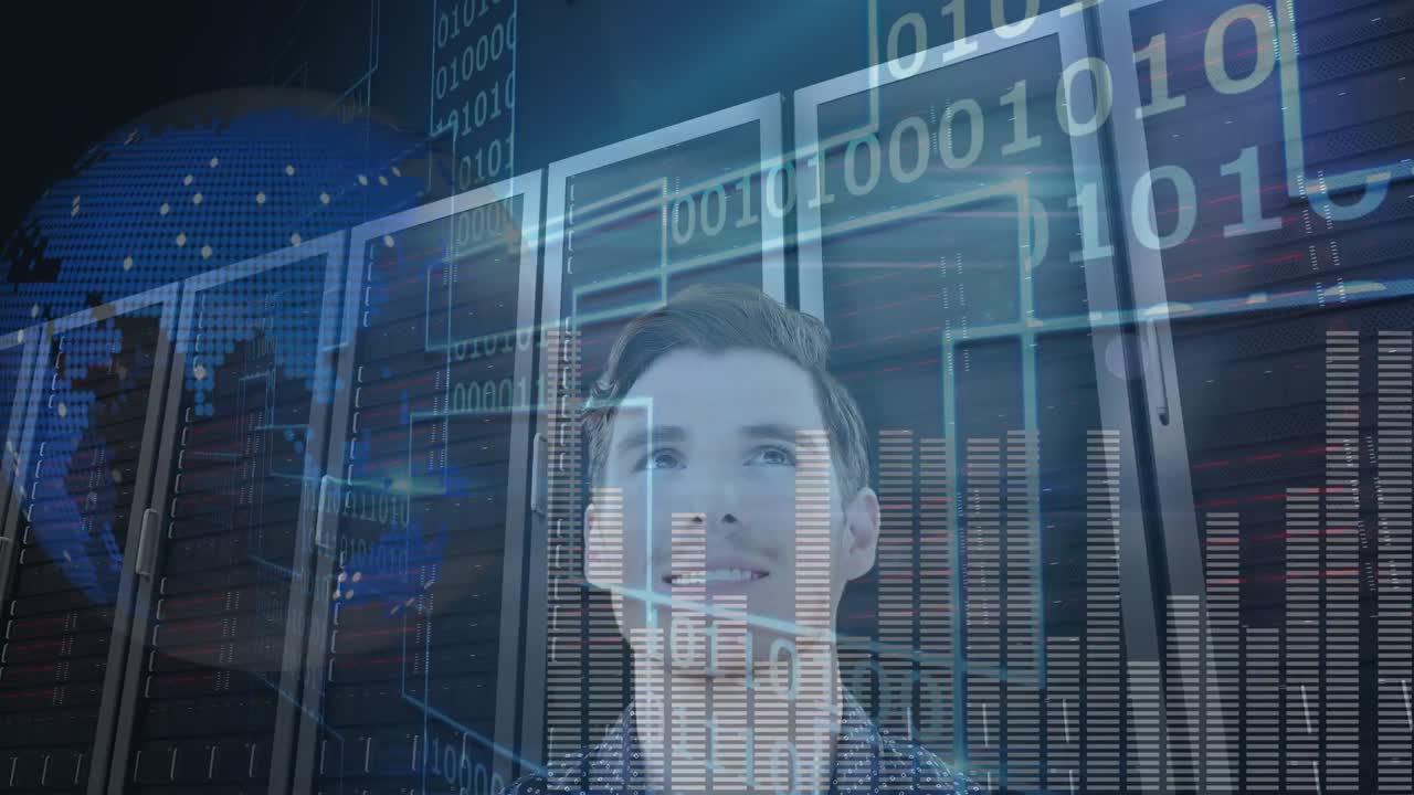 animación del procesamiento de datos sobre el hombre de negocios en la sala de servidores