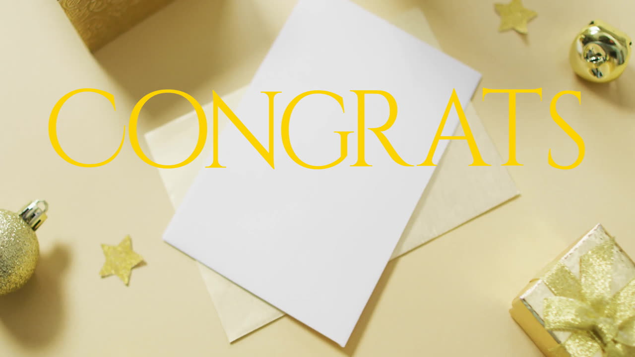 Animation of congrats text over envelope with blank card and gifts on yellow background