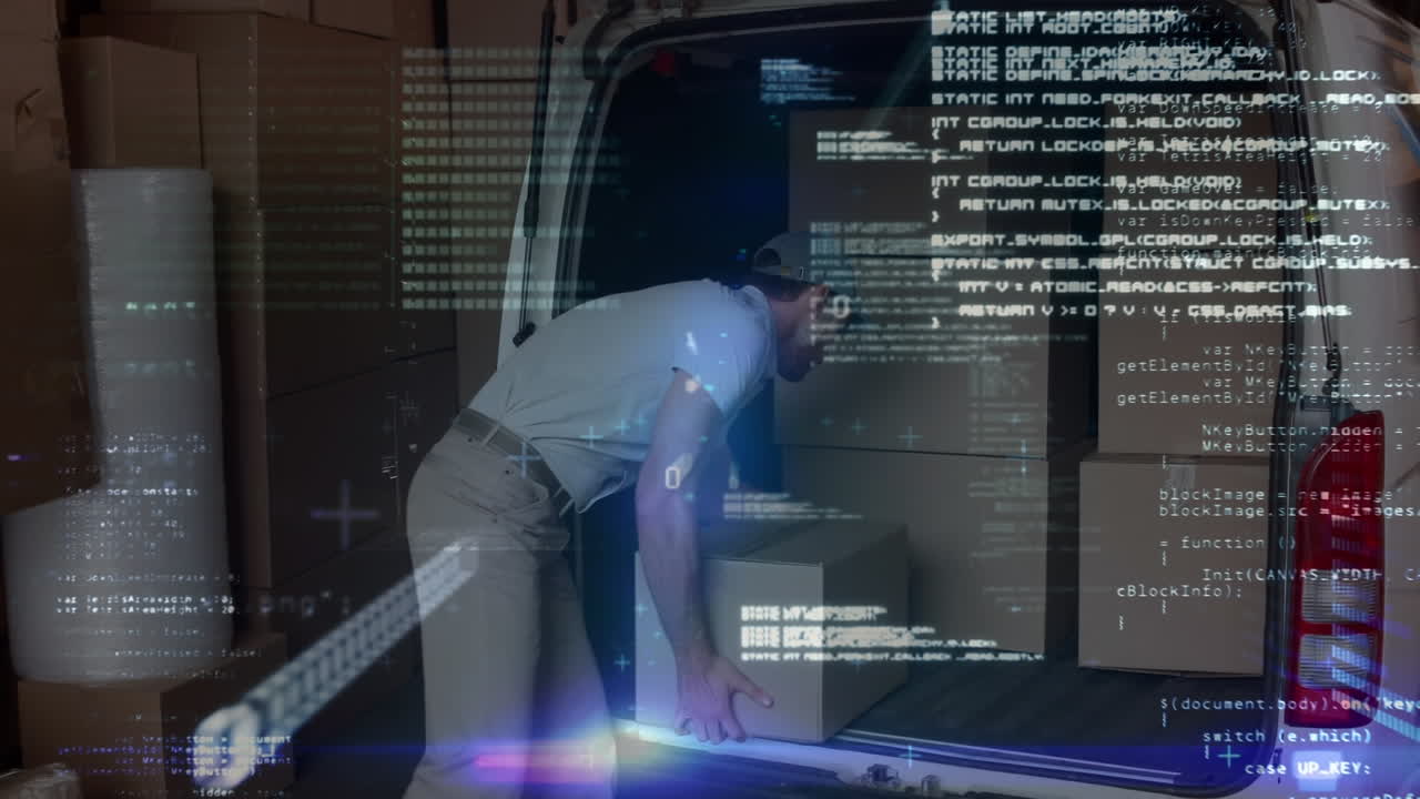 Animation af databehandling over en smilende leveringsmand