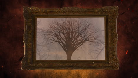 animación de un marco vintage sobre el árbol de halloween en el fondo