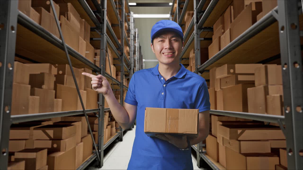 mensajero masculino asiático en uniforme azul sonriendo y señalando al lado mientras entrega un cartón en el almacén