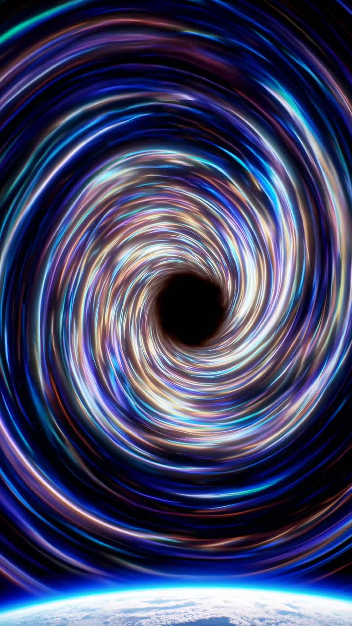 A mesmerizing top-down video view of a swirling cosmic vortex with vibrant colors, set