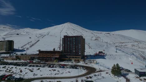 aerial pull-out shot revealing shot of a large hotel at the base of the el colorado piste