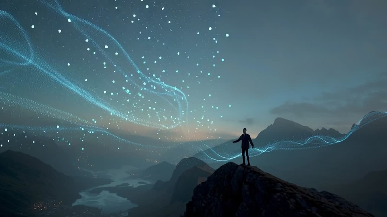 Person standing on mountain peak with glowing light trails at dusk