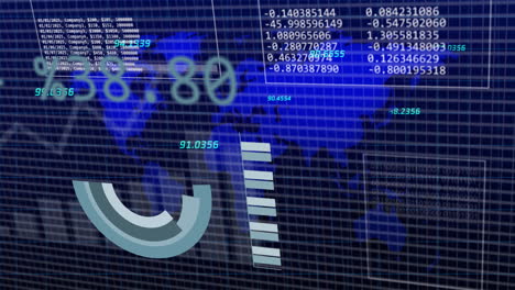 Animation of interface with statistical data processing over world map against blue background