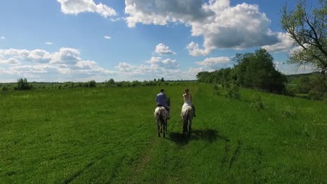 una pareja a caballo en un prado