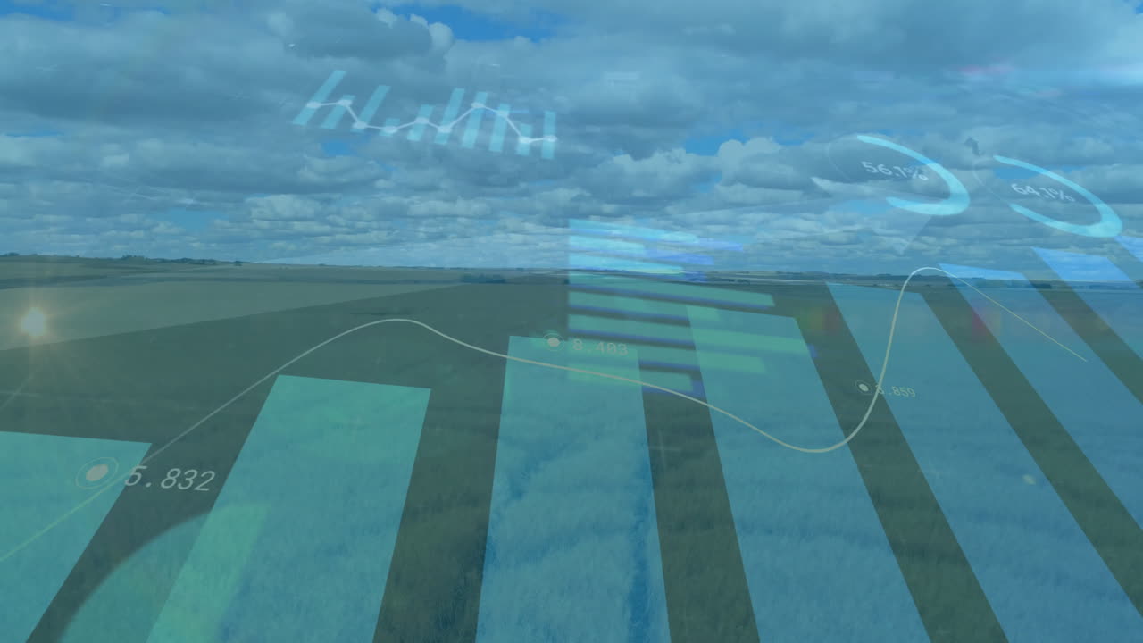 Bar graphs and data analytics animation over expansive green landscape under clouds