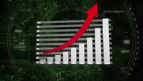 Animación-De-Estadísticas-Con-Flecha-Roja,-Procesamiento-De-Datos-Y-Escaneo-En-Pantalla