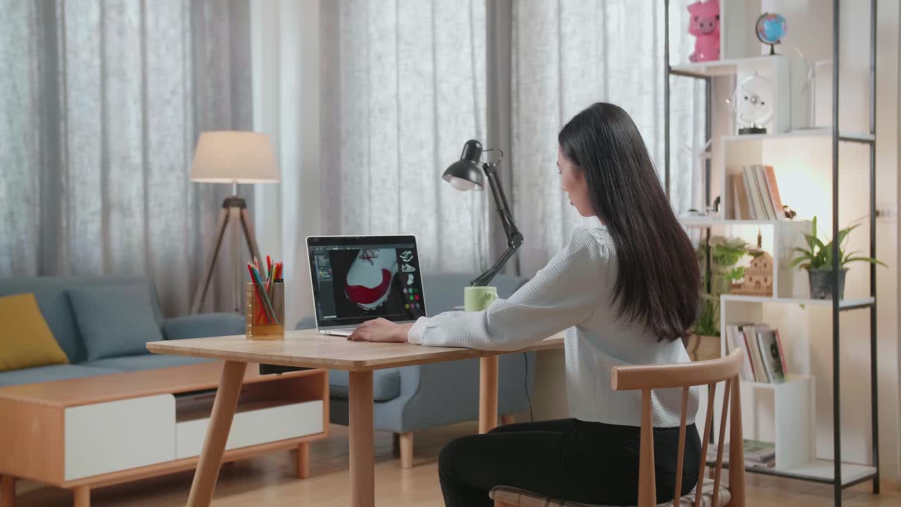 노트북에서 신발 디자인을 하는 여자