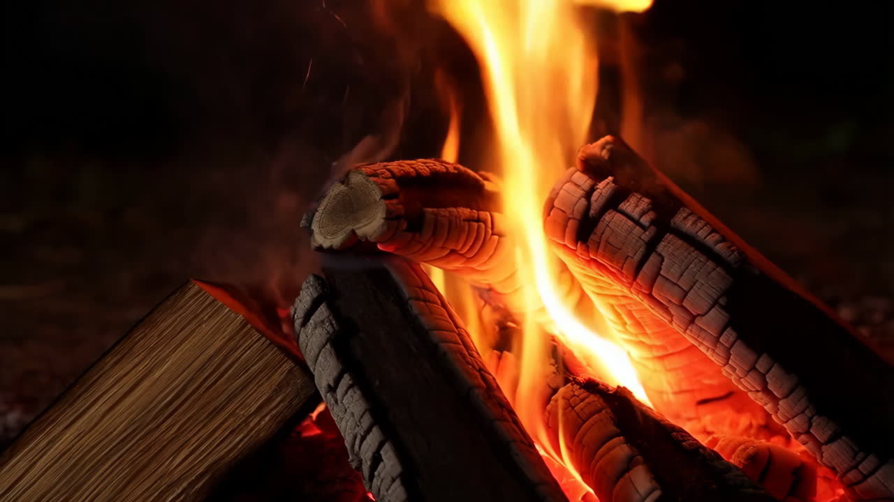 A close-up of a warm bonfire with burning logs at night