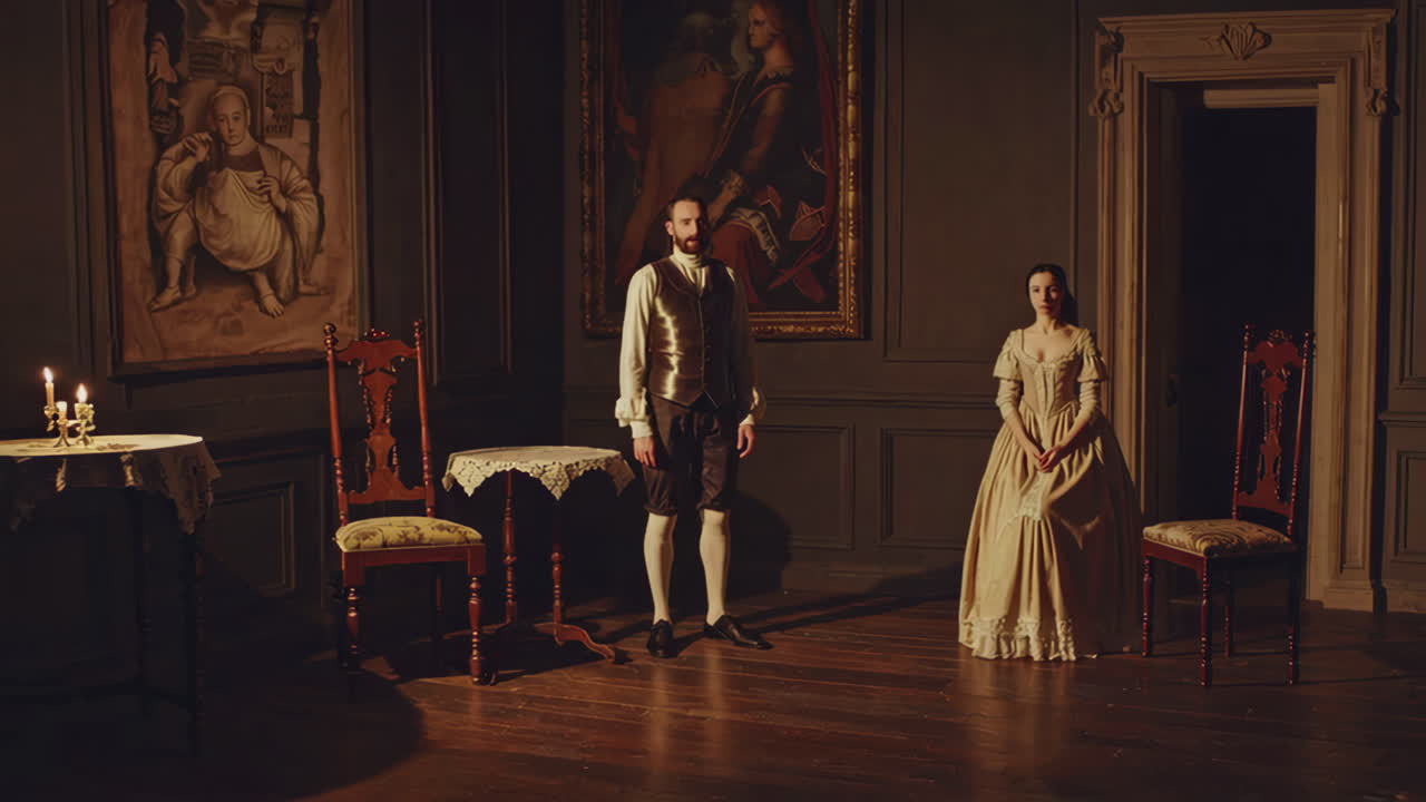 una pareja del siglo xviii en un elegante interior.