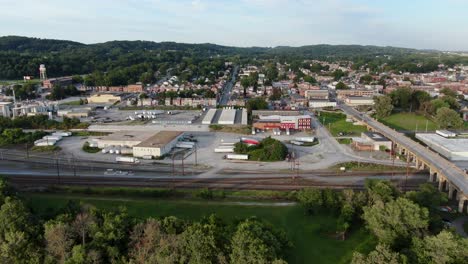 Slow-aerial-descending-shot-above-Susquehanna,-drone-flying-to-Columbia,-PA