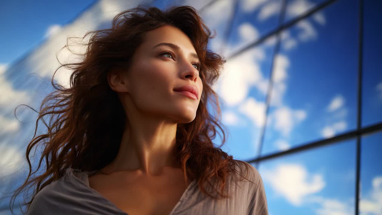 A Woman with Flowing Hair Gazes Thoughtfully Towards the Horizon Amidst a Beautiful Blue Sky and Reflections of Clouds on a Modern Building, Capturing a Moment of Reflection and Serenity