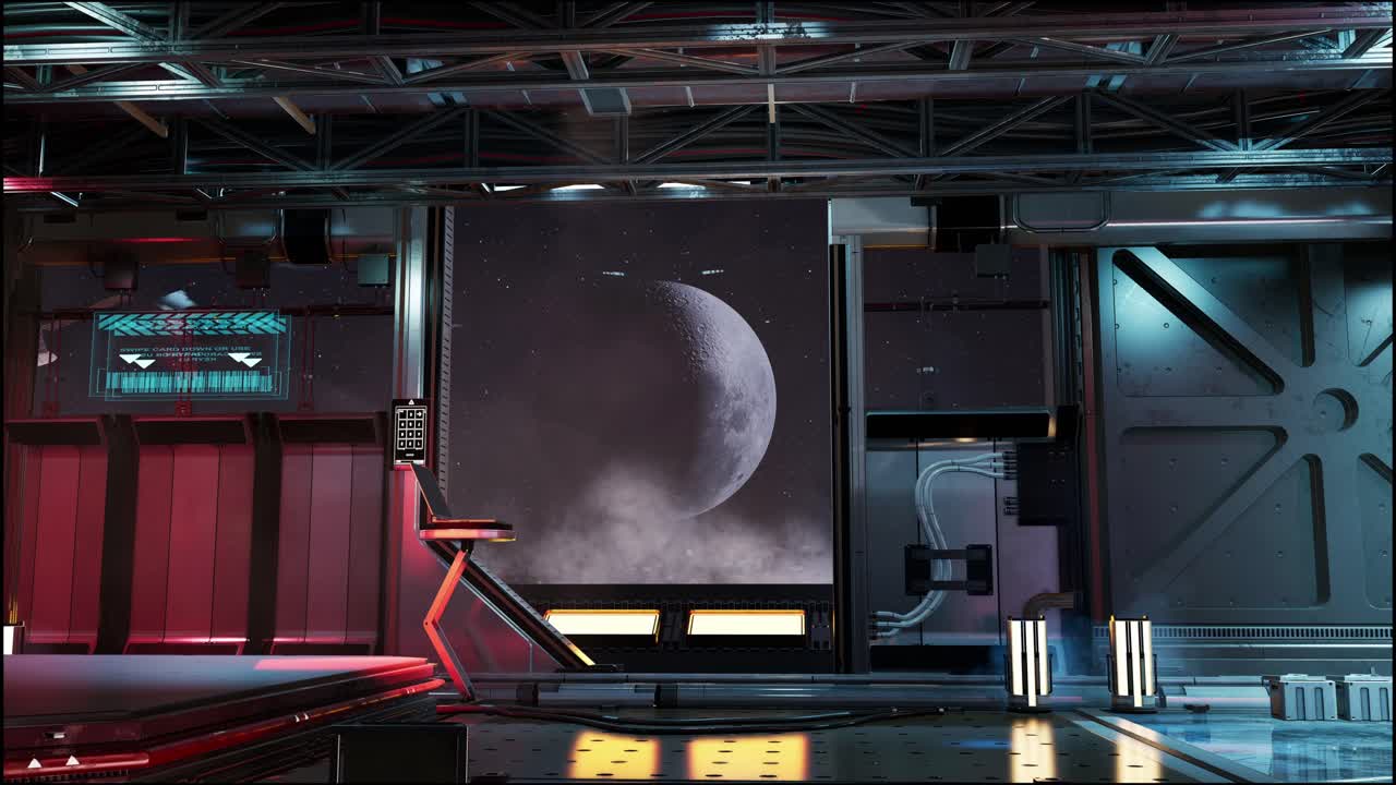 corridoio spaziale futuristico con vista sulla luna. animazione 3d