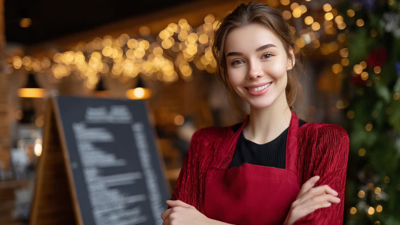 A Cheerful Barista in a Cozy Caf? Surrounded by Twinkling Holiday Lights, Exuding Warmth and Hospitality with a Radiant Smile and Stylish Apron
