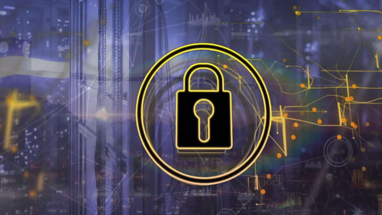 icono de candado, red brillante y procesamiento de datos a través de servidores informáticos