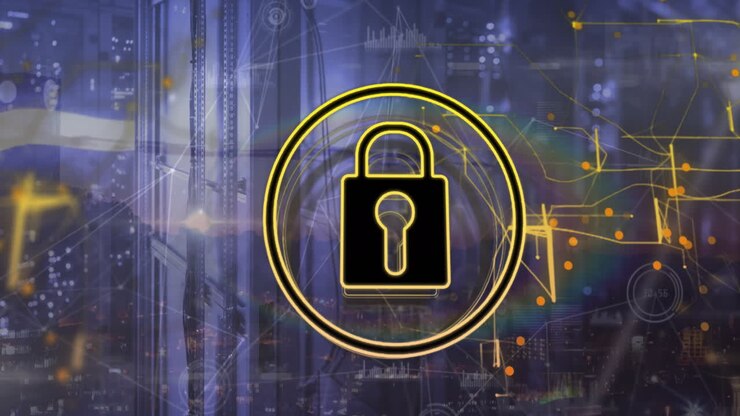 Padlock icon, glowing network and data processing over computer servers