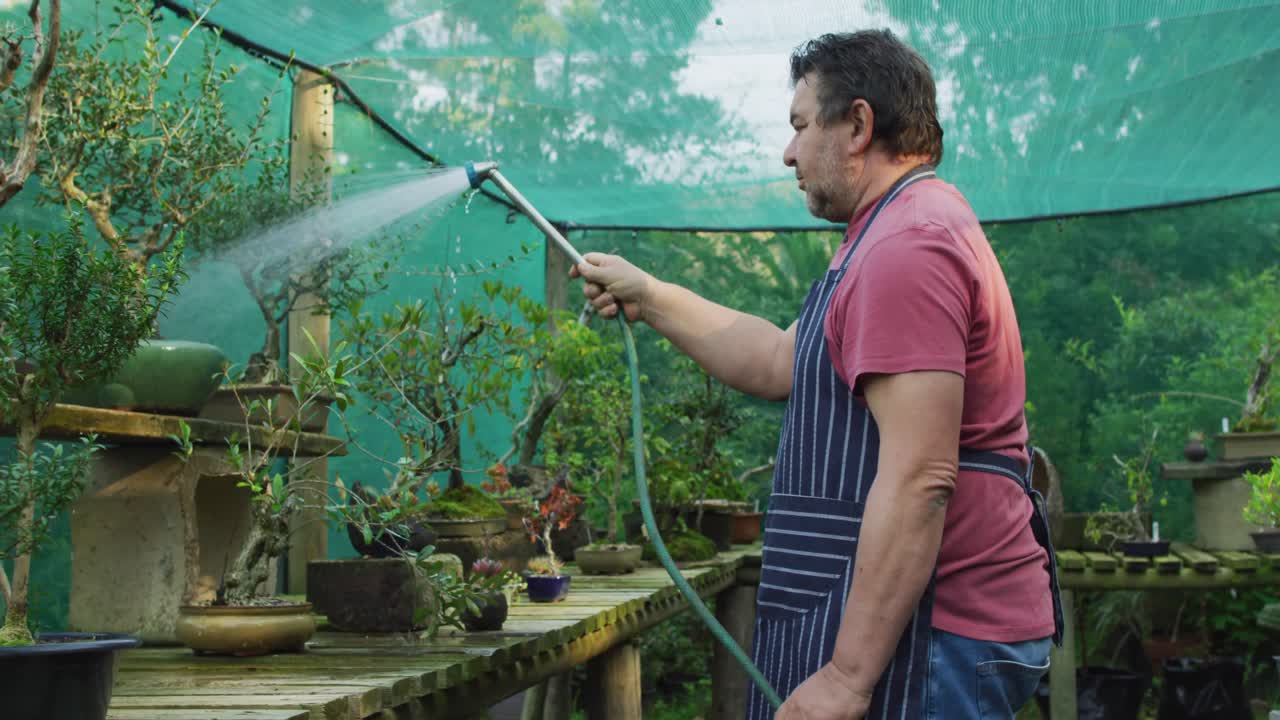 백인 남성 정원사 가 정원 센터 에서 식물 에 물 을 주고 있다