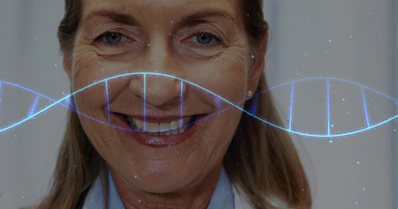 Medical doctor wearing stethoscope while animated DNA helix sweeping across frame revealing smile