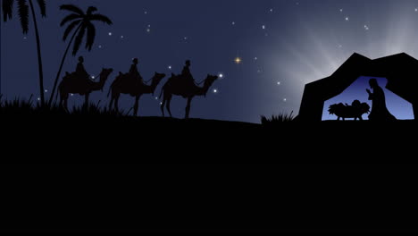animación de siluetas de reyes con siluetas de camellos y escena de la natividad