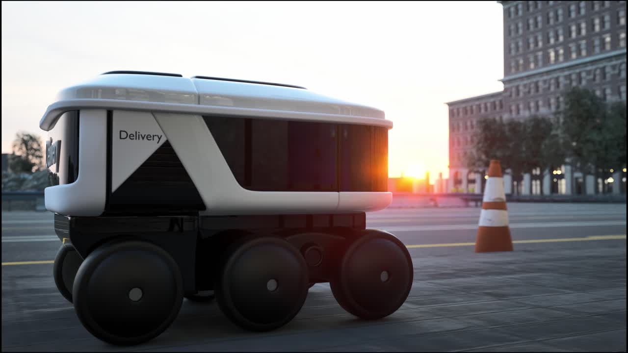 servicio automatizado de entrega de robots que conducen en la calle urbana. el robot inalámbrico inteligente moderno entrega bienes o alimentos a un cliente. nueva industria tecnológica de iot de entrega de logística de tienda en línea