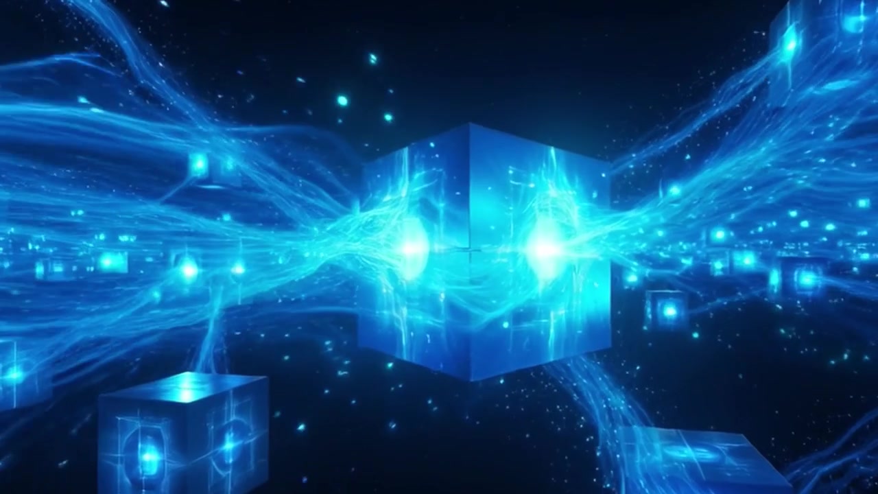 Abstract Digital Network of Glowing Blue Data Cubes