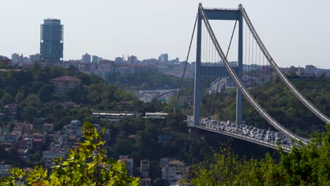 Cars-Passing-Over-The-Fatih-Sultan-Mehmet-Bridge,-Bosphorus,-Istanbul,-Turkey