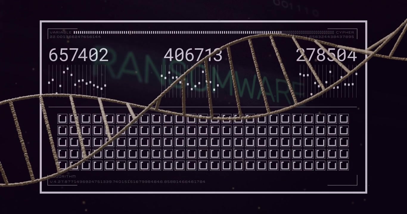 On data feed, gold DNA helix undulating across dashboard while numbers updating to show metrics