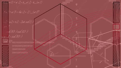 Animation-of-multiple-geometric-shapes-and-scientific-data-processing-on-red-background