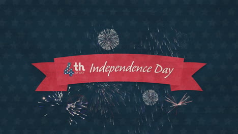 happy independence day text banner against fireworks exploding against blue background