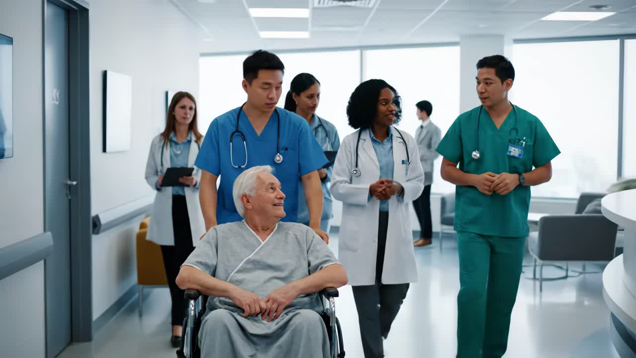 Hospital Scene with Doctors, Nurses, and Patient in Wheelchair