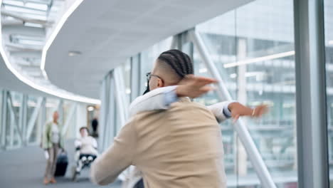 airport, excited and couple hug for reunion