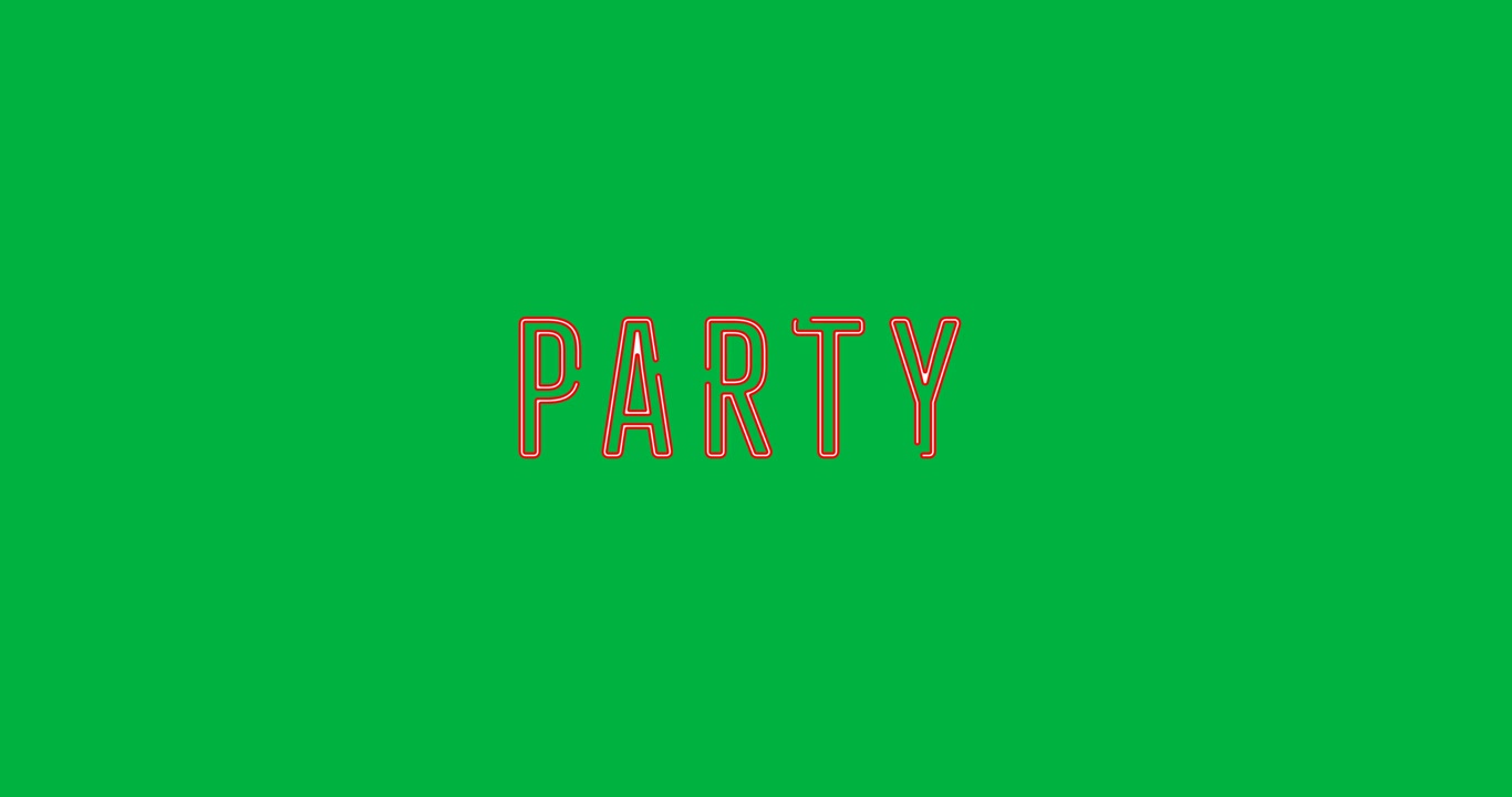 Animazione digitale di un banner di testo "party" rosso neon su sfondo nero