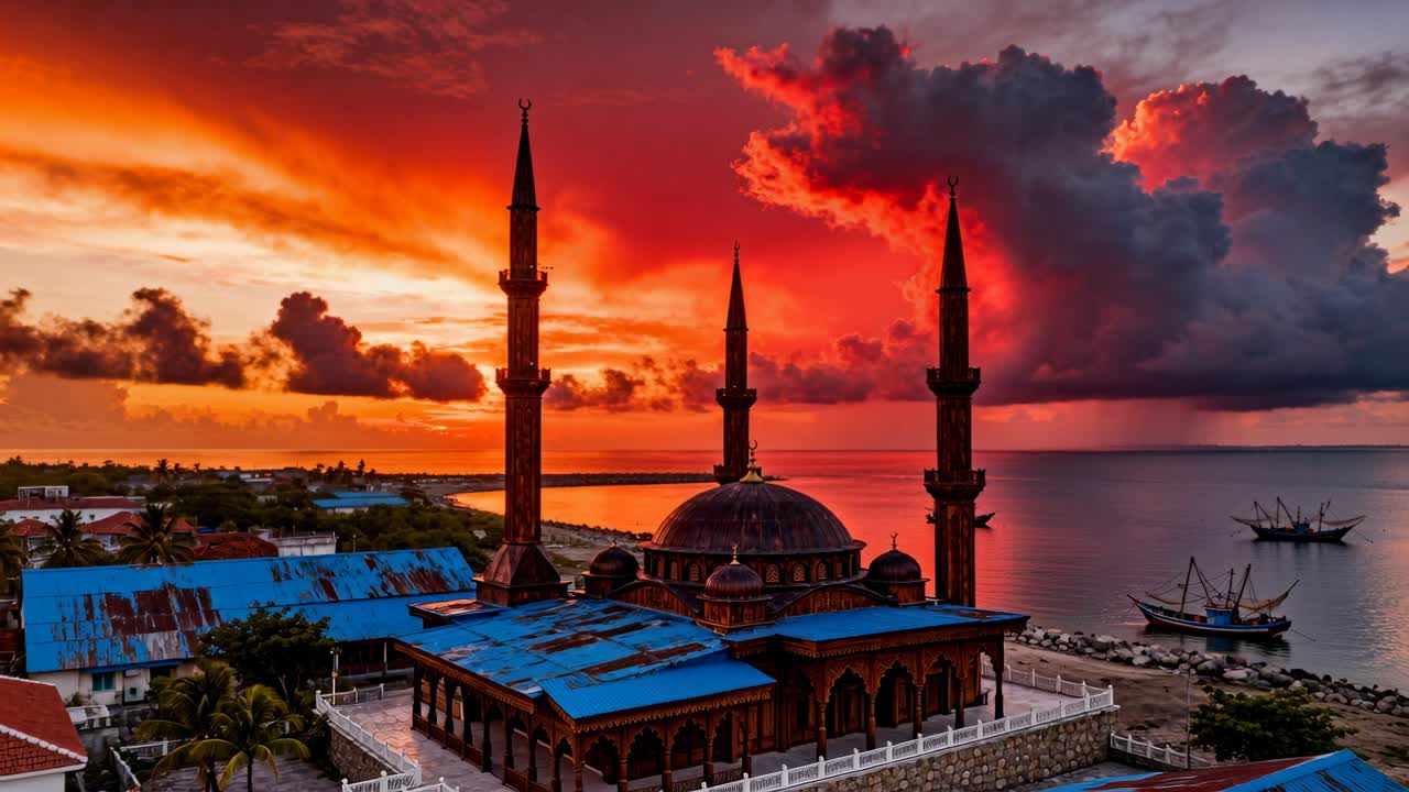 Moschea costiera con cupola e quattro minareti che viene rivelata, telecamera che panoramica mentre il tramonto si intensifica con le barche