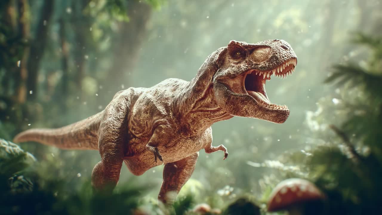 Majestatyczny Tyrannosaurus Rex przemierza bujny prehistoryczny krajobraz, ucieleśniając potęgę i wspaniałość dinozaurów w ich naturalnym środowisku, otoczony żywą florą.