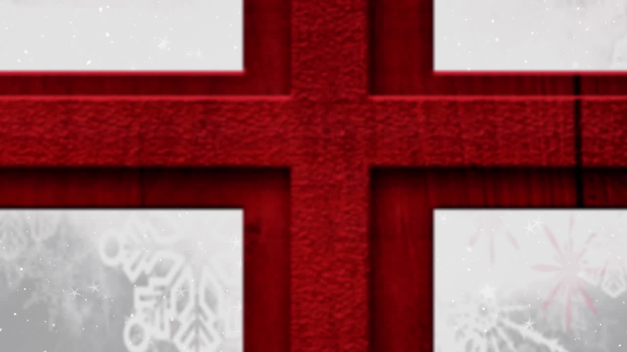 검은색 바탕에 눈과 여러 개의 별 아이콘에 대한 빨간색 나무 창문 프레임