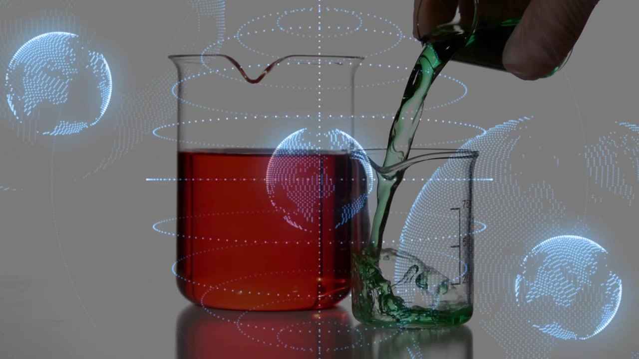 Top-right hand tilting pouring green liquid into beaker, splashing for measuring under holograms
