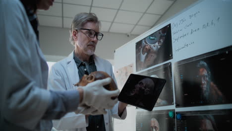 scientists examining a human skull in a laboratory