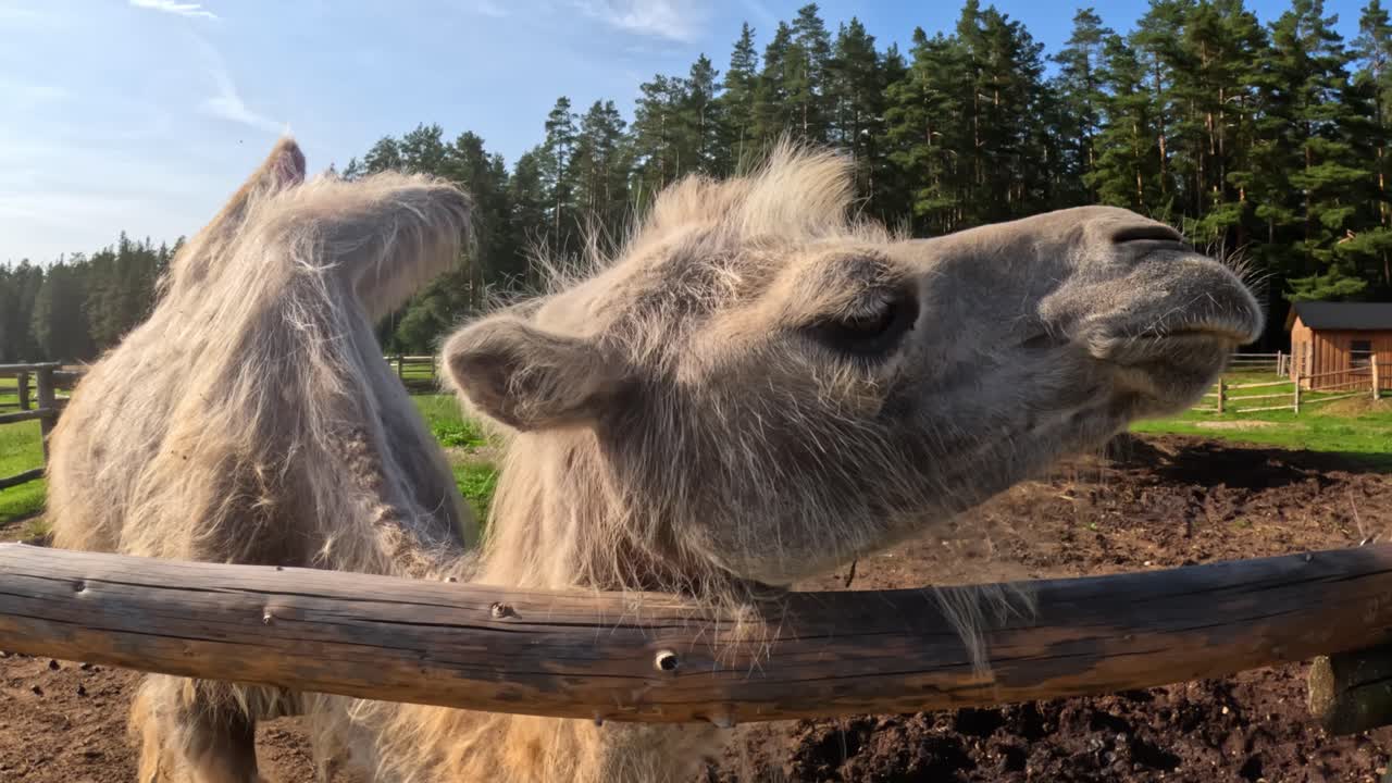 Baktrian wielbłąd wyciąga się do przodu i ociera szyją o drewniany płot w słoneczny dzień, prezentując naturalne zachowanie w otwartym środowisku rolniczym z czystym, błękitnym niebem