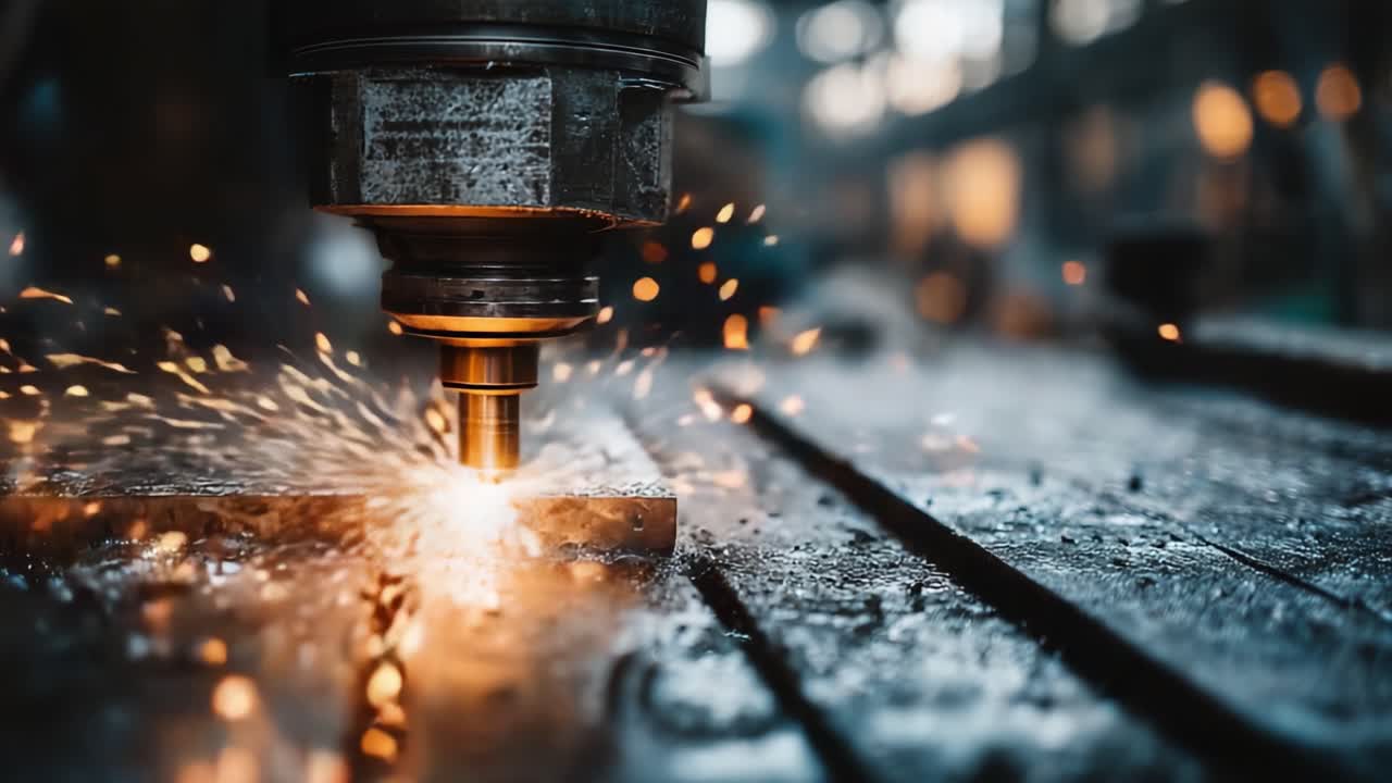 An Intricate View of Precision Metalworking in Action: Sparks Fly from a Cutting Tool as It Engages with Metal on a Workshop Surface