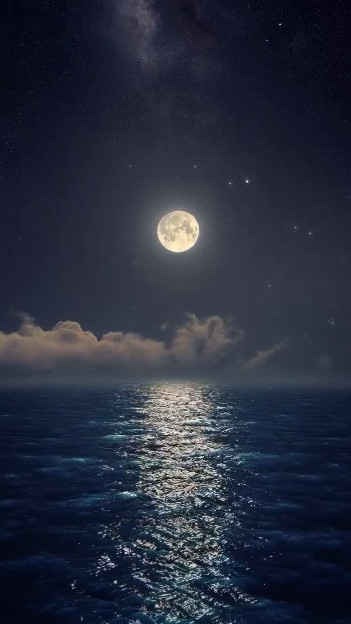 Una scena video serena di una luna piena sull'oceano, ripresa da un angolo basso, con stelle, Live