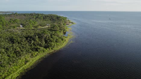 Amplia-Toma-Aérea-De-Un-Denso-Bosque-Natural-A-Lo-Largo-Del-Borde-De-Una-Bahía-Que-Se-Adentra-En-El-Golfo-De-México