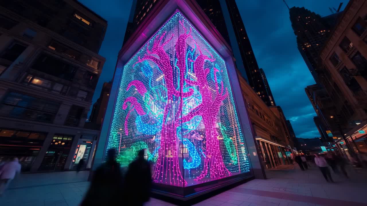 Panning camera around cube LED installation at plaza as dusk deepening, with blurred pedestrians