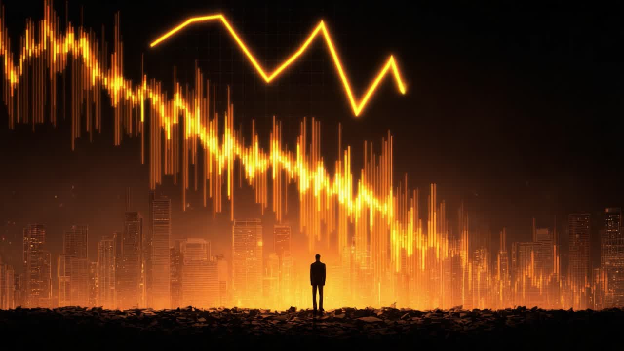 A solitary figure stands against a backdrop of a dramatic financial market visualization, highlighting fluctuations in stock indices and urban skyline in a vivid display