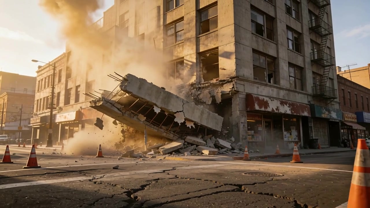 Collapsing after structural failure, detached slab tipping onto street corner, exposing rebar