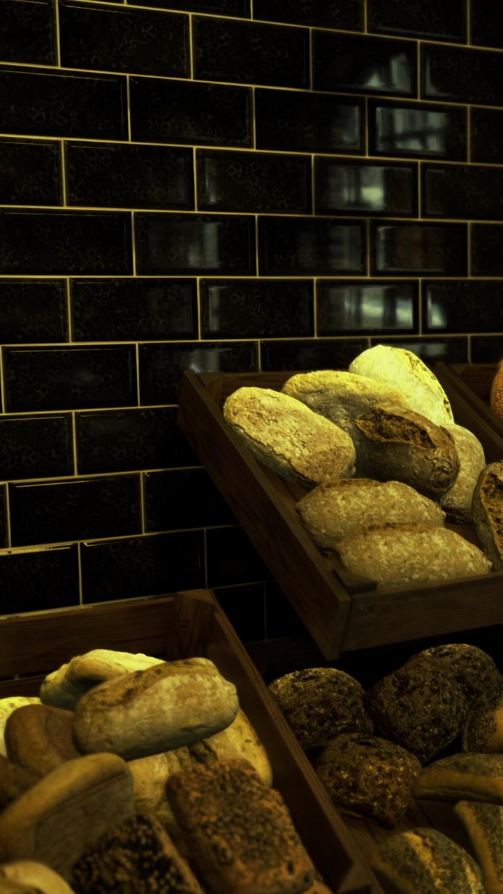Freshly baked bread displayed in wooden trays at a local bakery shop
