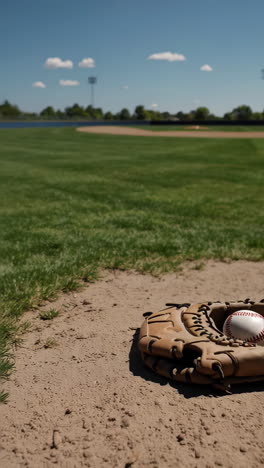 baseball glove and ball on a baseball field