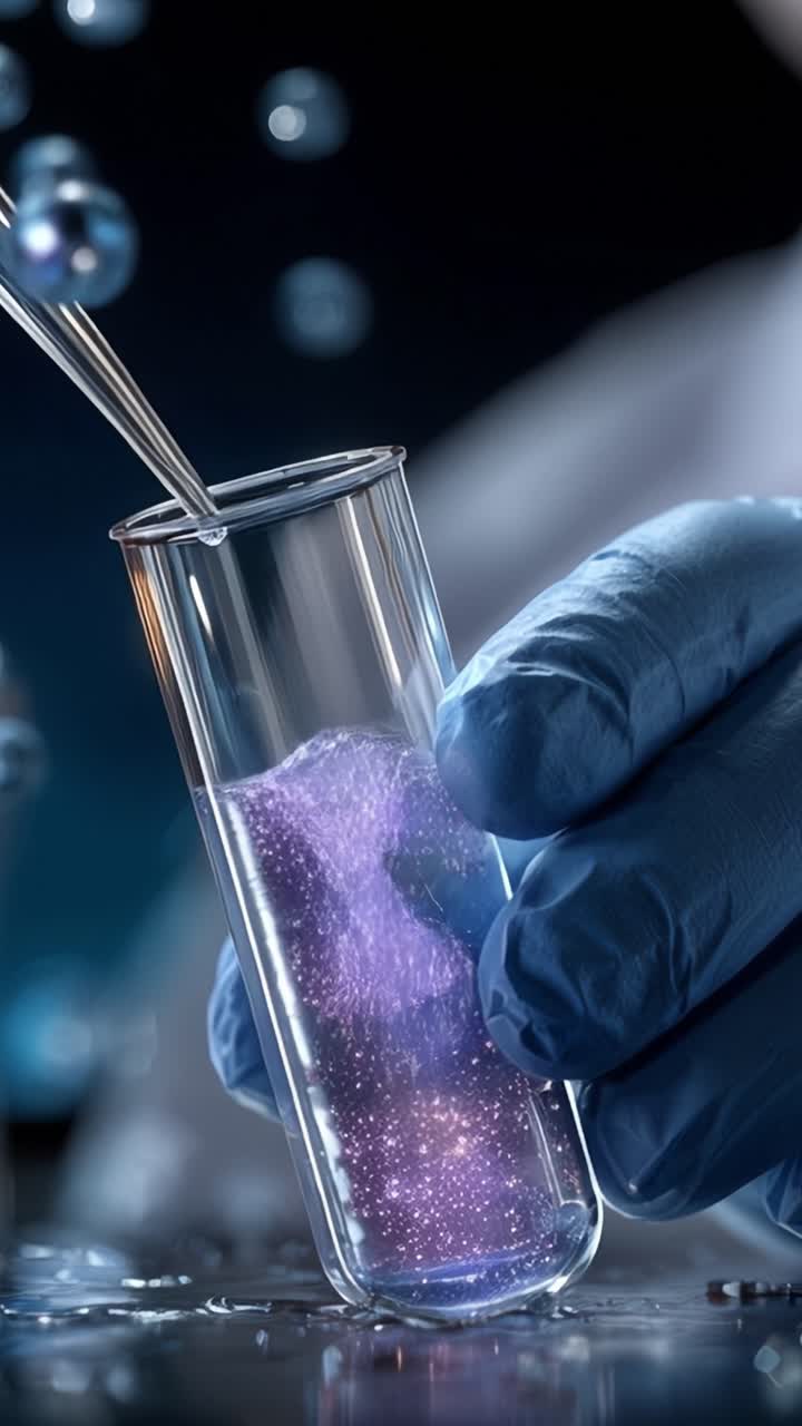 A scientist using a pipette to add a sparkling liquid to a test tube, creating vibrant visual effects, showcasing scientific experimentation and discovery
