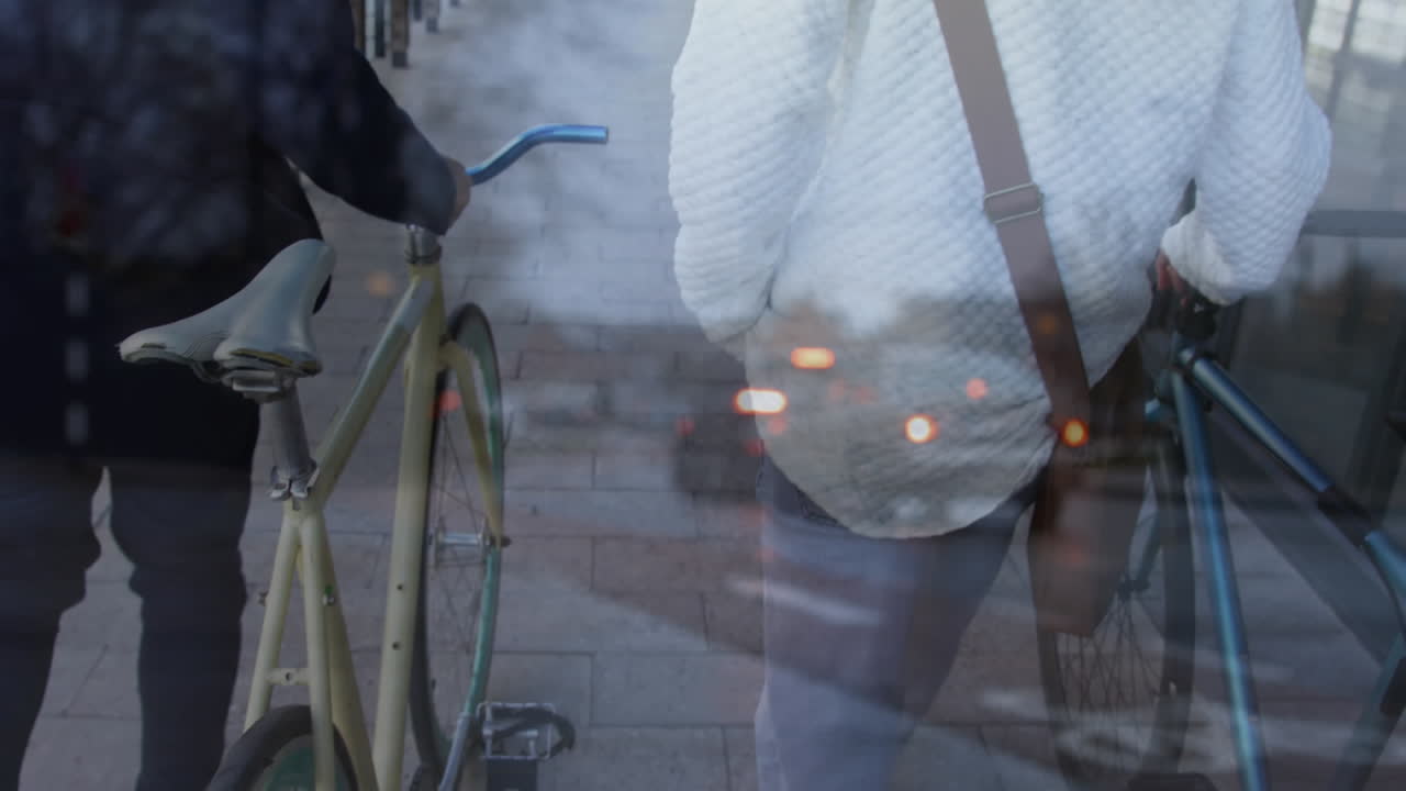 자전거 를 타고  ⁇ 고 있는 다양한 사람 들 위 에 있는 자동차 의 애니메이션